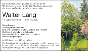 Traueranzeige von Walter Lang von Echo-Zeitungen (Gesamtausgabe)