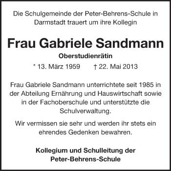 Traueranzeige von Gabriele Sandmann von Echo-Zeitungen (Gesamtausgabe)