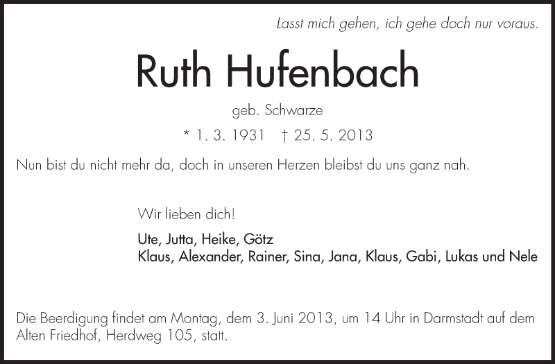  Traueranzeige für Ruth Hufenbach vom 29.05.2013 aus Echo-Zeitungen (Gesamtausgabe)