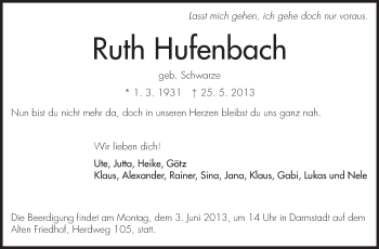 Traueranzeige von Ruth Hufenbach von Echo-Zeitungen (Gesamtausgabe)