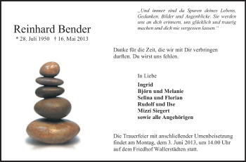 Traueranzeige von Reinhard Bender von Rüsselsheimer Echo, Groß-Gerauer-Echo, Ried Echo