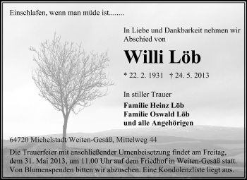 Traueranzeige von Willi Löb von Odenwälder Echo