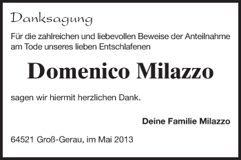 Traueranzeige von Domenico Milazzo von Rüsselsheimer Echo, Groß-Gerauer-Echo, Ried Echo