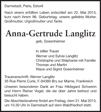 Traueranzeige von Anna-Gertrude Langlitz von Echo-Zeitungen (Gesamtausgabe)