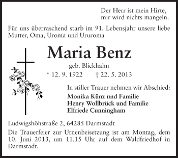 Traueranzeige von Maria Benz von Echo-Zeitungen (Gesamtausgabe)