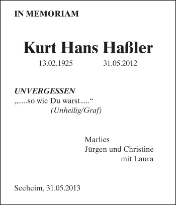Traueranzeige von Kurt Hans Haßler von Echo-Zeitungen (Gesamtausgabe)