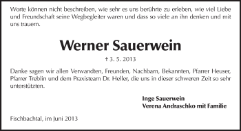 Traueranzeige von Werner Sauerwein von Echo-Zeitungen (Gesamtausgabe)