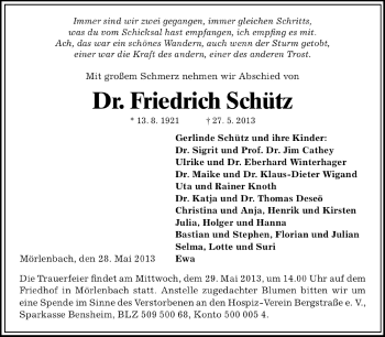 Traueranzeige von Friedrich Schütz von Starkenburger Echo