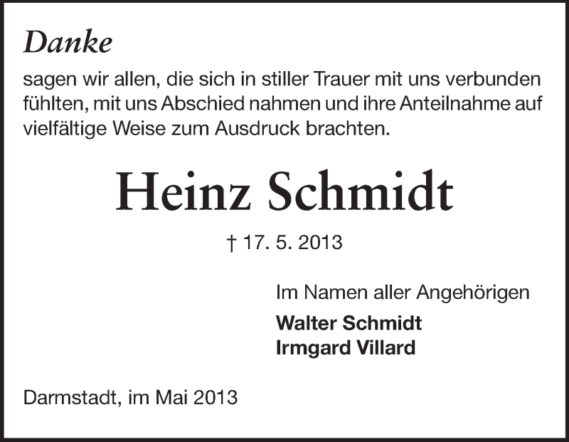  Traueranzeige für Heinz Schmidt vom 29.05.2013 aus Echo-Zeitungen (Gesamtausgabe)