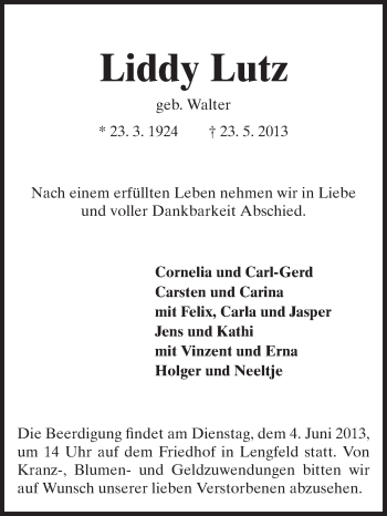 Traueranzeige von Liddy Lutz von Echo-Zeitungen (Gesamtausgabe)