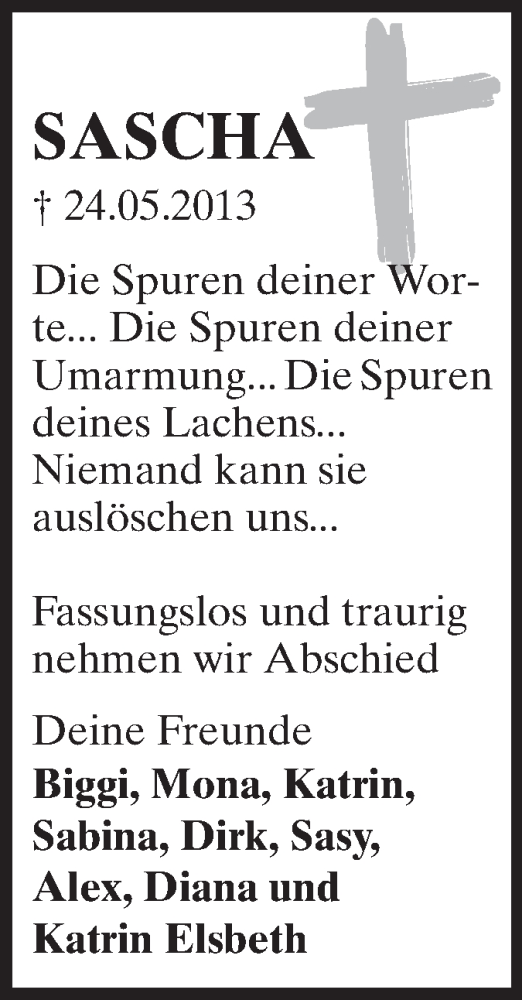  Traueranzeige für Sascha  vom 29.05.2013 aus Odenwälder Echo