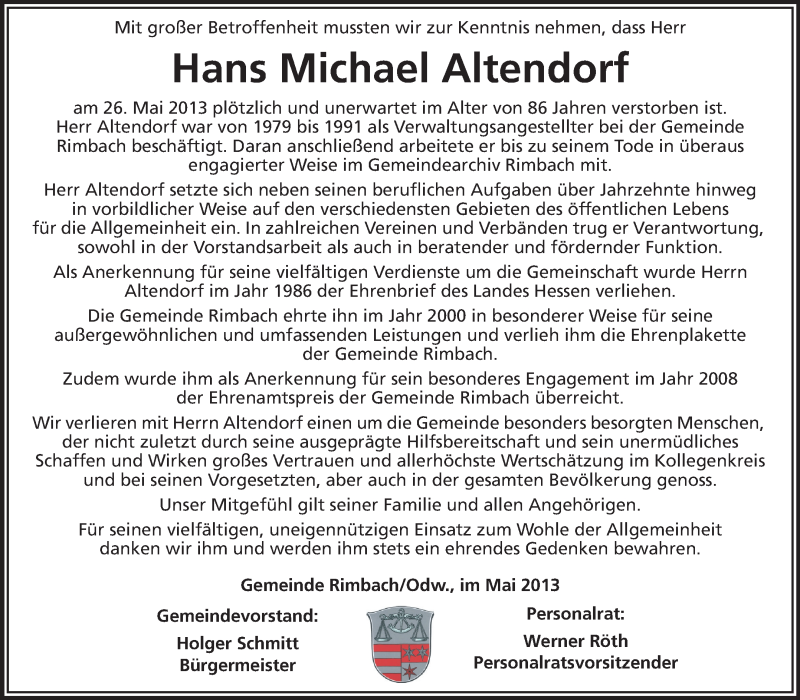  Traueranzeige für Hans Michael Altendorf vom 29.05.2013 aus Starkenburger Echo