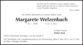 Traueranzeige von Margarete Welzenbach von Echo-Zeitungen (Gesamtausgabe)