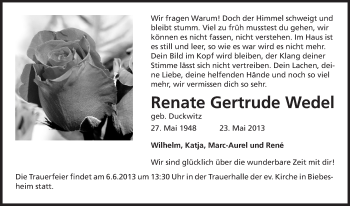 Traueranzeige von Renate Gertrude Wedel von Rüsselsheimer Echo, Groß-Gerauer-Echo, Ried Echo