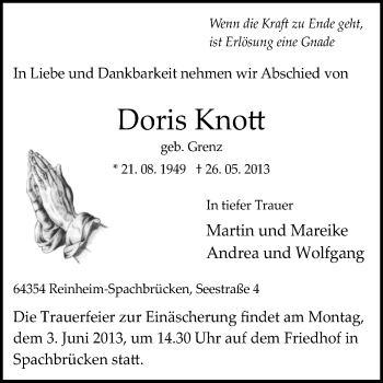 Traueranzeige von Doris Knott von Darmstädter Echo, Odenwälder Echo, Rüsselsheimer Echo, Groß-Gerauer-Echo, Ried Echo