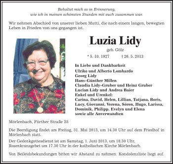 Traueranzeige von Luzia Lidy von Starkenburger Echo