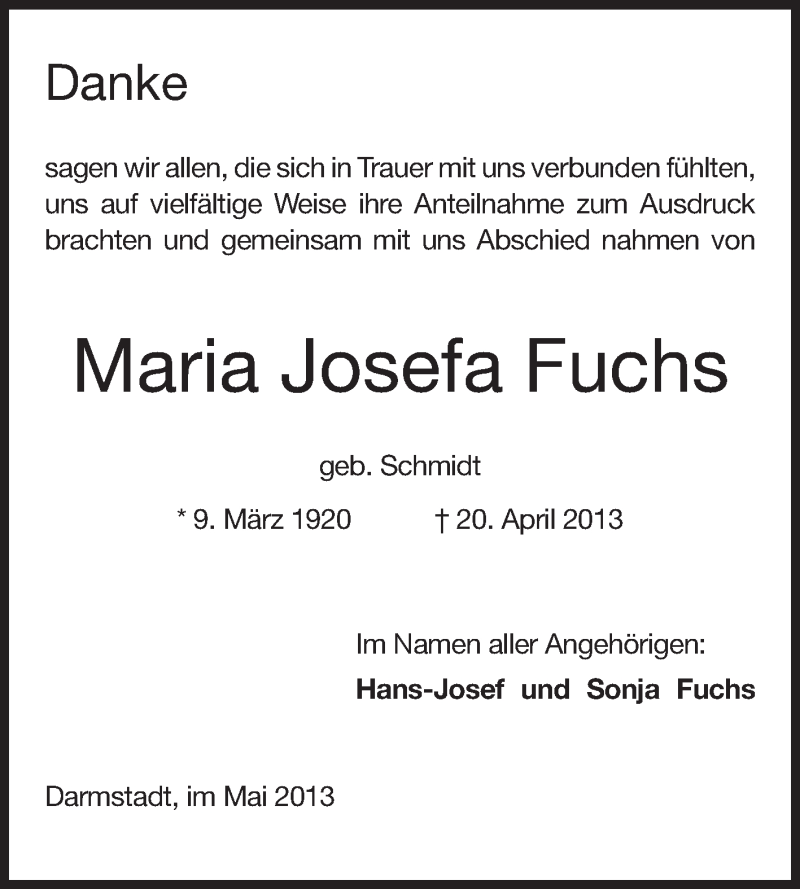  Traueranzeige für Maria Josefa Fuchs vom 01.06.2013 aus Echo-Zeitungen (Gesamtausgabe)