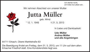 Traueranzeige von Jutta Müller von Odenwälder Echo