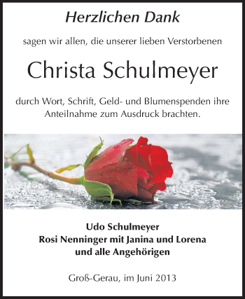 Traueranzeige von Christa Schulmeyer von Rüsselsheimer Echo, Groß-Gerauer-Echo, Ried Echo