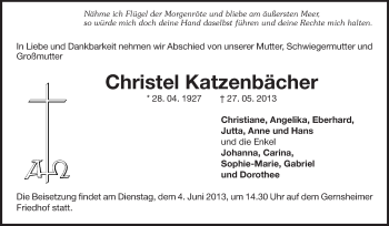 Traueranzeige von Christel Katzenbächer von Echo-Zeitungen (Gesamtausgabe)