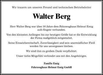 Traueranzeige von Walter Berg von Starkenburger Echo