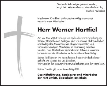 Traueranzeige von Werner Hartfiel von Echo-Zeitungen (Gesamtausgabe)
