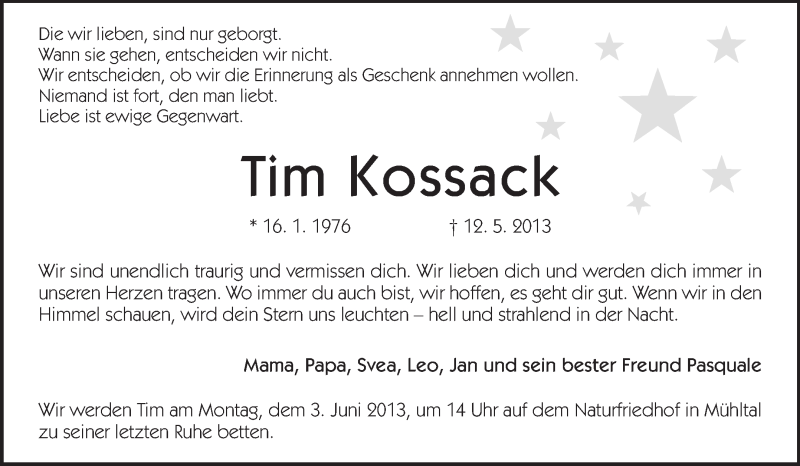  Traueranzeige für Tim Kossack vom 01.06.2013 aus Echo-Zeitungen (Gesamtausgabe)