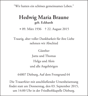Traueranzeige von Hedwig Maria Braune von trauer.echo-online.de