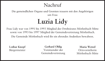 Traueranzeige von Luzia Lidy von Starkenburger Echo