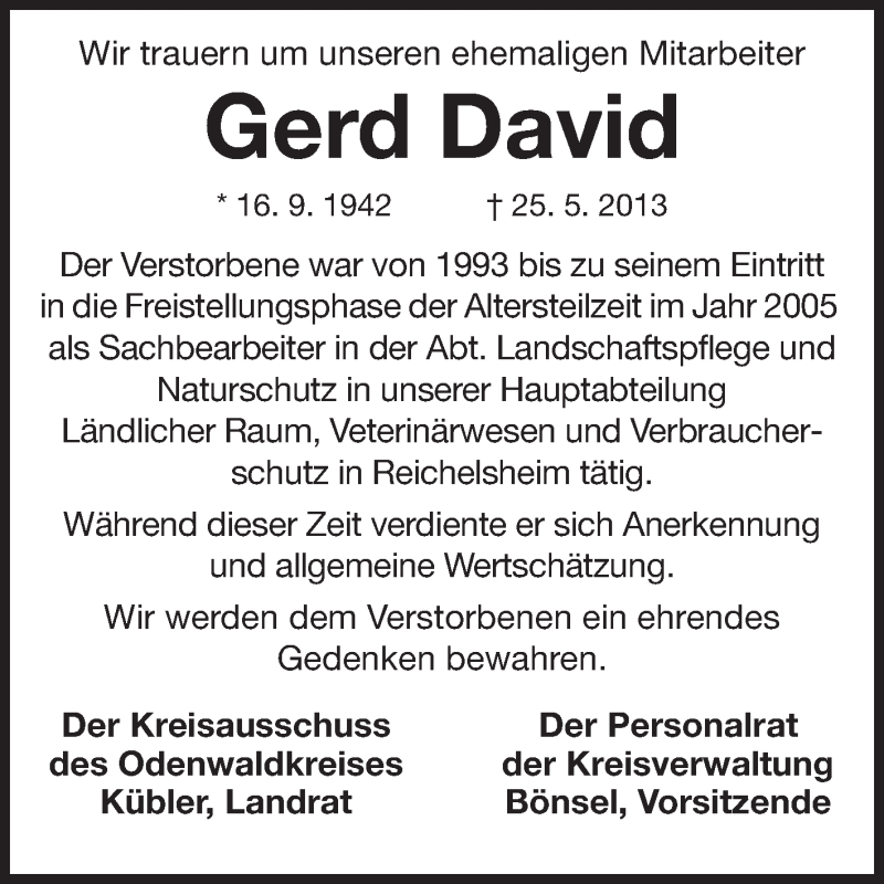  Traueranzeige für Gerd David vom 31.05.2013 aus Odenwälder Echo