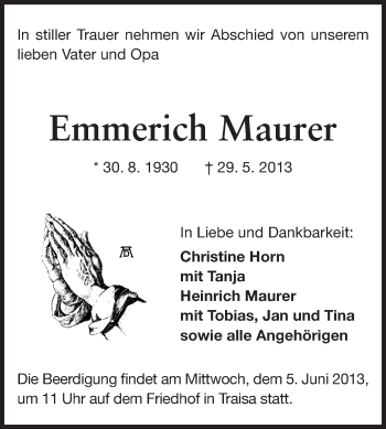 Traueranzeige von Emmerich Maurer von Echo-Zeitungen (Gesamtausgabe)