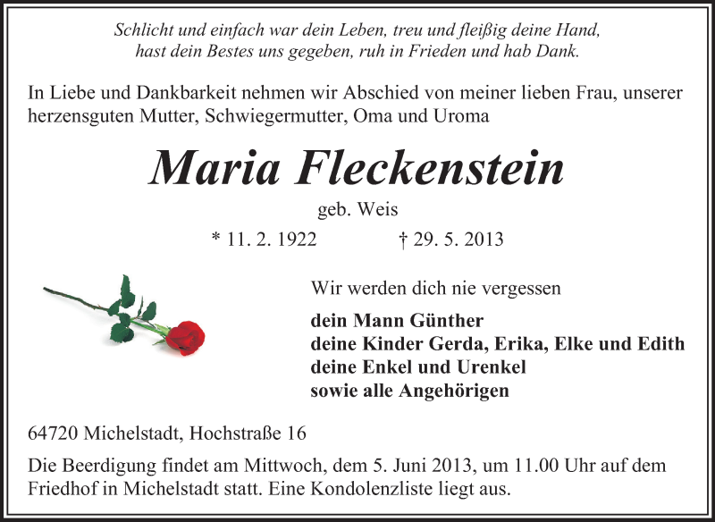  Traueranzeige für Maria Fleckenstein vom 01.06.2013 aus Odenwälder Echo