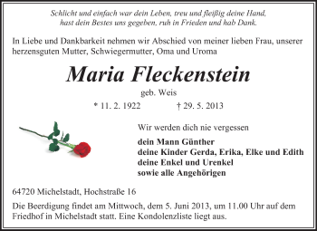 Traueranzeige von Maria Fleckenstein von Odenwälder Echo