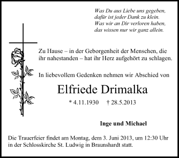 Traueranzeige von Elfriede Drimalka von Echo-Zeitungen (Gesamtausgabe)