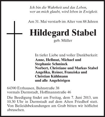 Traueranzeige von Hildegard Stabel von Echo-Zeitungen (Gesamtausgabe)