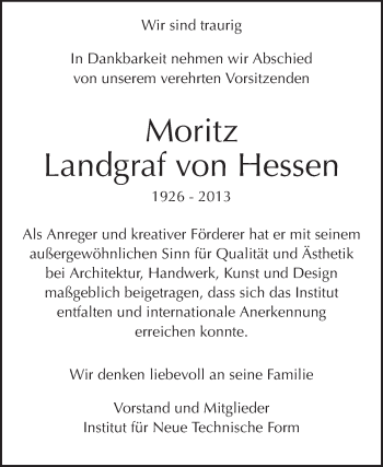 Traueranzeige von Moritz Landgraf von Hessen von Echo-Zeitungen (Gesamtausgabe)