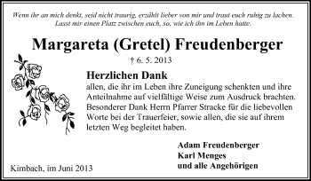 Traueranzeige von Margareta Freudenberger von Odenwälder Echo