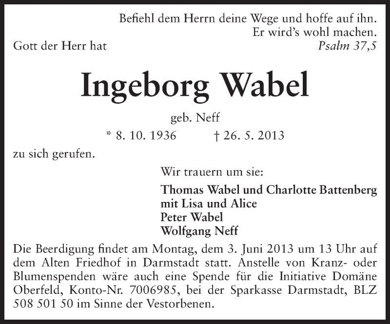  Traueranzeige für Ingeborg Wabel vom 01.06.2013 aus Echo-Zeitungen (Gesamtausgabe)