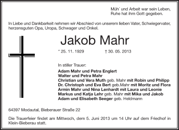 Traueranzeige von Jakob Mahr von Echo-Zeitungen (Gesamtausgabe)