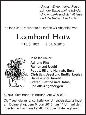 Traueranzeige von Leonhard Hotz von Odenwälder Echo