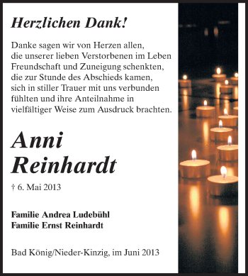 Traueranzeige von Anni Reinhardt von Odenwälder Echo