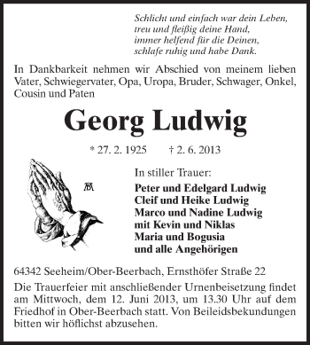 Traueranzeige von Georg Ludwig von Echo-Zeitungen (Gesamtausgabe)