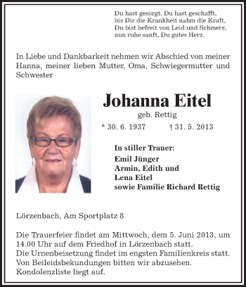 Traueranzeige von Johanna Eitel von Starkenburger Echo