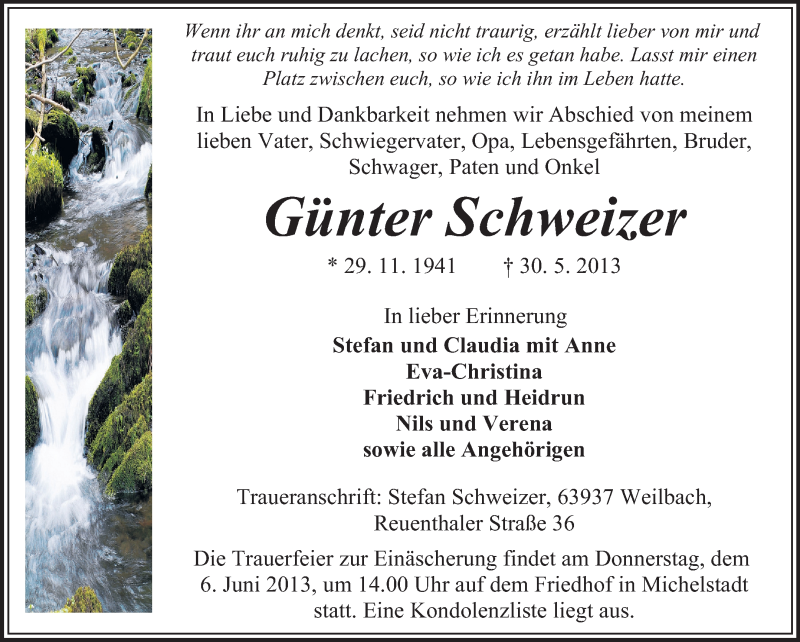  Traueranzeige für Günter Schweizer vom 04.06.2013 aus Odenwälder Echo