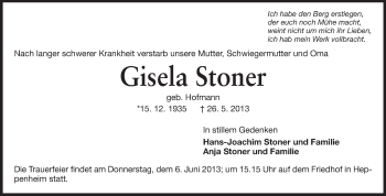 Traueranzeige von Gisela Stoner von Starkenburger Echo