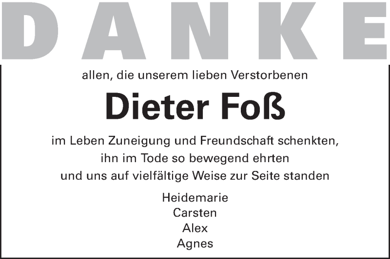  Traueranzeige für Dieter Foß vom 08.06.2013 aus Echo-Zeitungen (Gesamtausgabe)