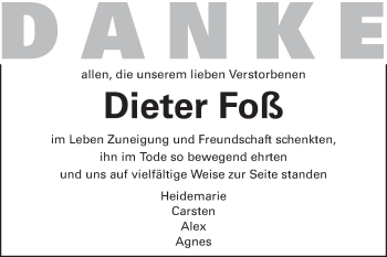 Traueranzeige von Dieter Foß von Echo-Zeitungen (Gesamtausgabe)