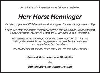 Traueranzeige von Horst Henninger von Rüsselsheimer Echo, Groß-Gerauer-Echo, Ried Echo