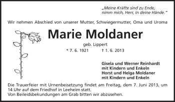 Traueranzeige von Marie Moldaner von Rüsselsheimer Echo, Groß-Gerauer-Echo, Ried Echo