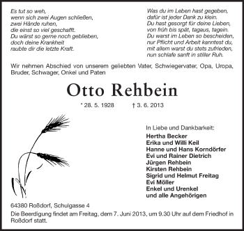 Traueranzeige von Otto Rehbein von Echo-Zeitungen (Gesamtausgabe)